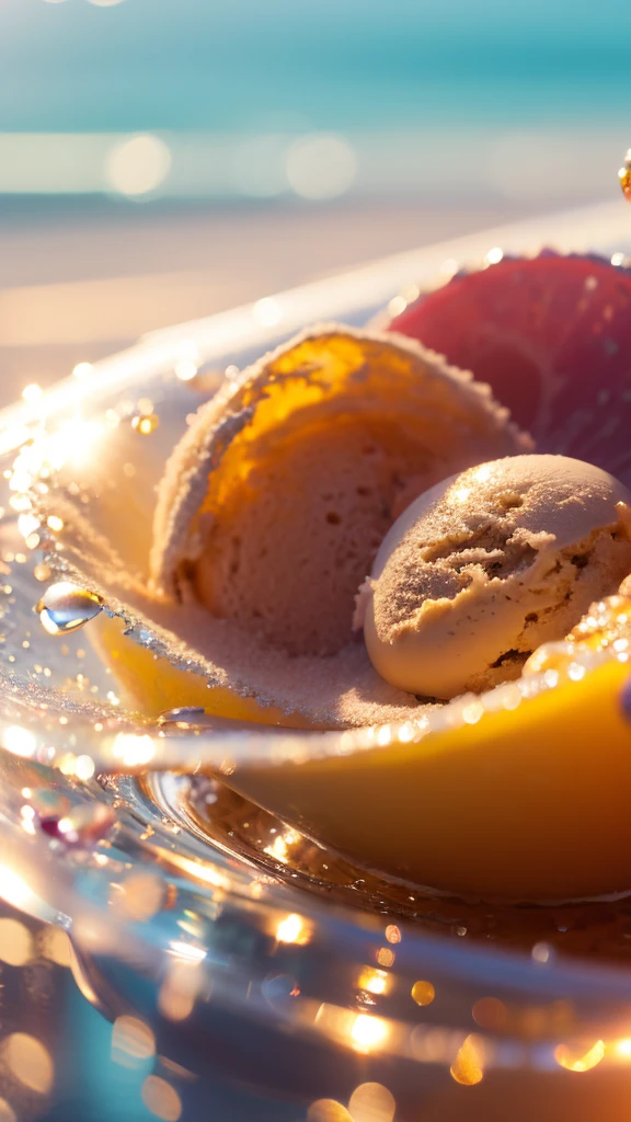 Official Art,8k wallpaper,colorful,Energetic,Details,Photography,Details,real,Summer Dream,Ice cream in the sun,Dreamy lighting,The scattered water drops sparkle in the sun,HD,Details,Best quality,