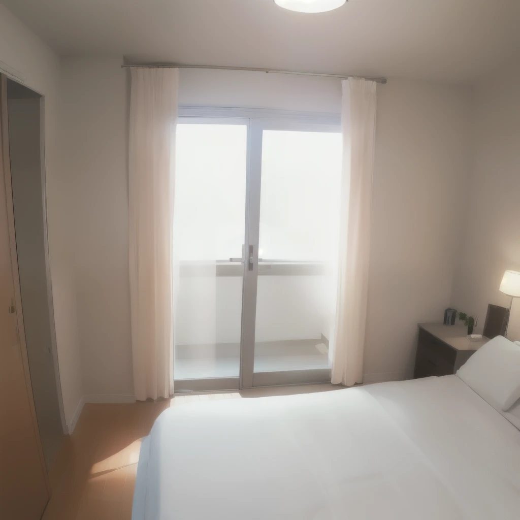 View from inside next to the door. A plain bedroom and next to it a window. Outside the window is white lighting shines. Perfect illumination.