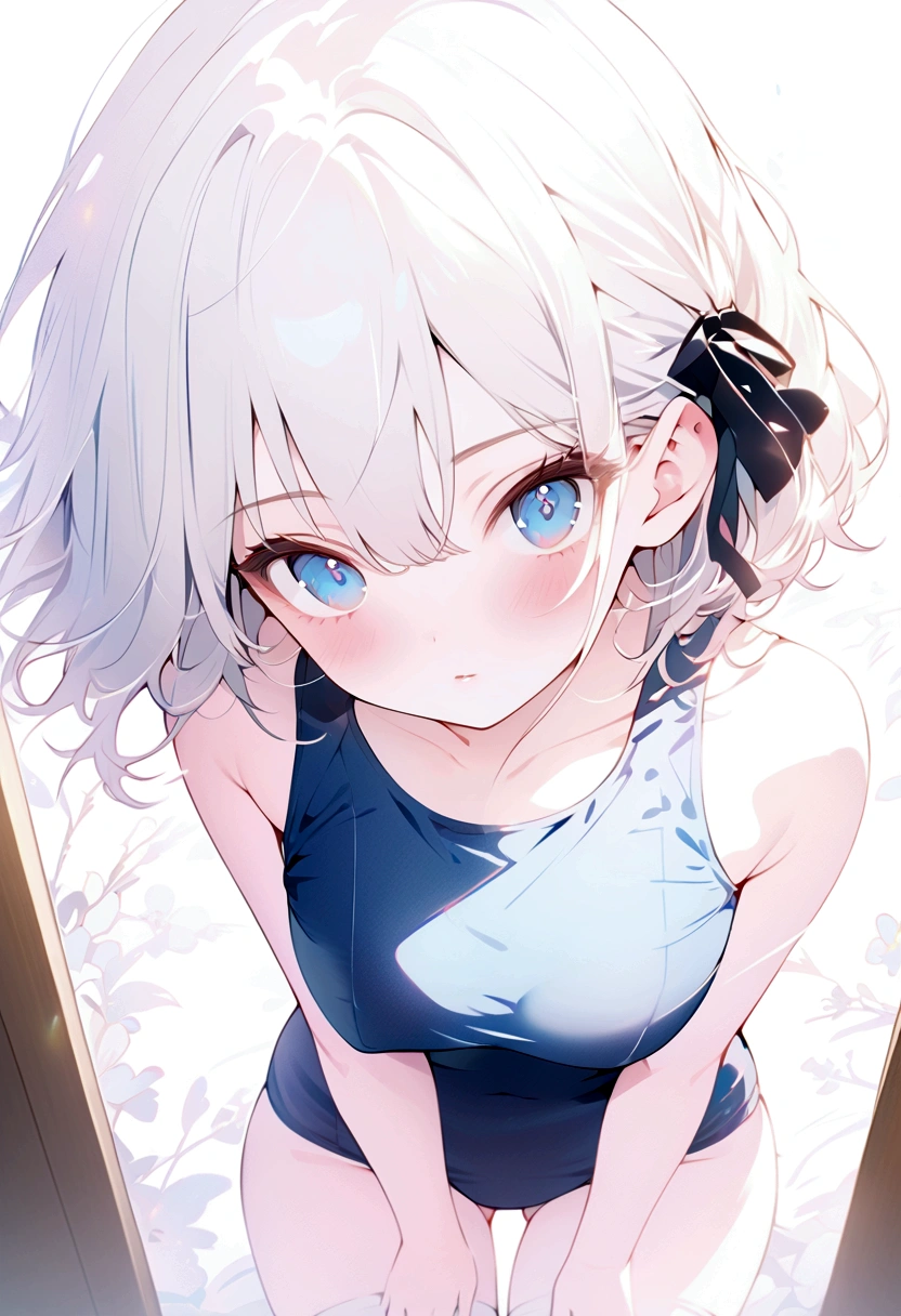 beautiful, masterpiece, Highest quality, anime, One girl, C Cup,Portrait Shot, View your viewers, Intricate details,>,((Covered、Short Hair、nearby、Blue Eyes、art、White hair,Blue streaked hair、wallpaper、silk_White Knee Highs、hairpin、smile、Thighs、、lotion、Lying on your back、Armpit、silk_White school swimsuit