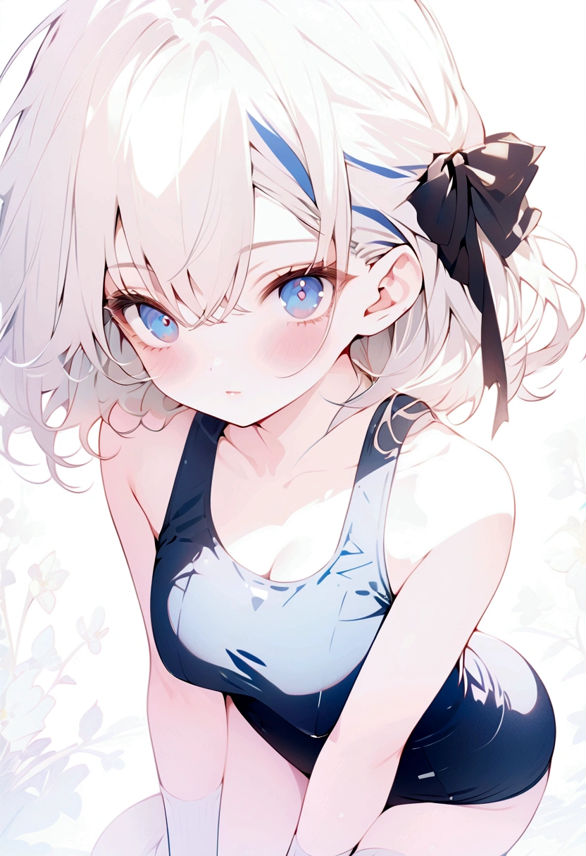beautiful, masterpiece, highest quality, anime, One girl, C Cup,Portrait Shot, View your viewers, Intricate details,>,((Covered、Short Hair、nearby、Blue Eyes、art、、White hair,Blue streaked hair、wallpaper、ribbon、School swimsuit、White knee socks、Beautiful breasts