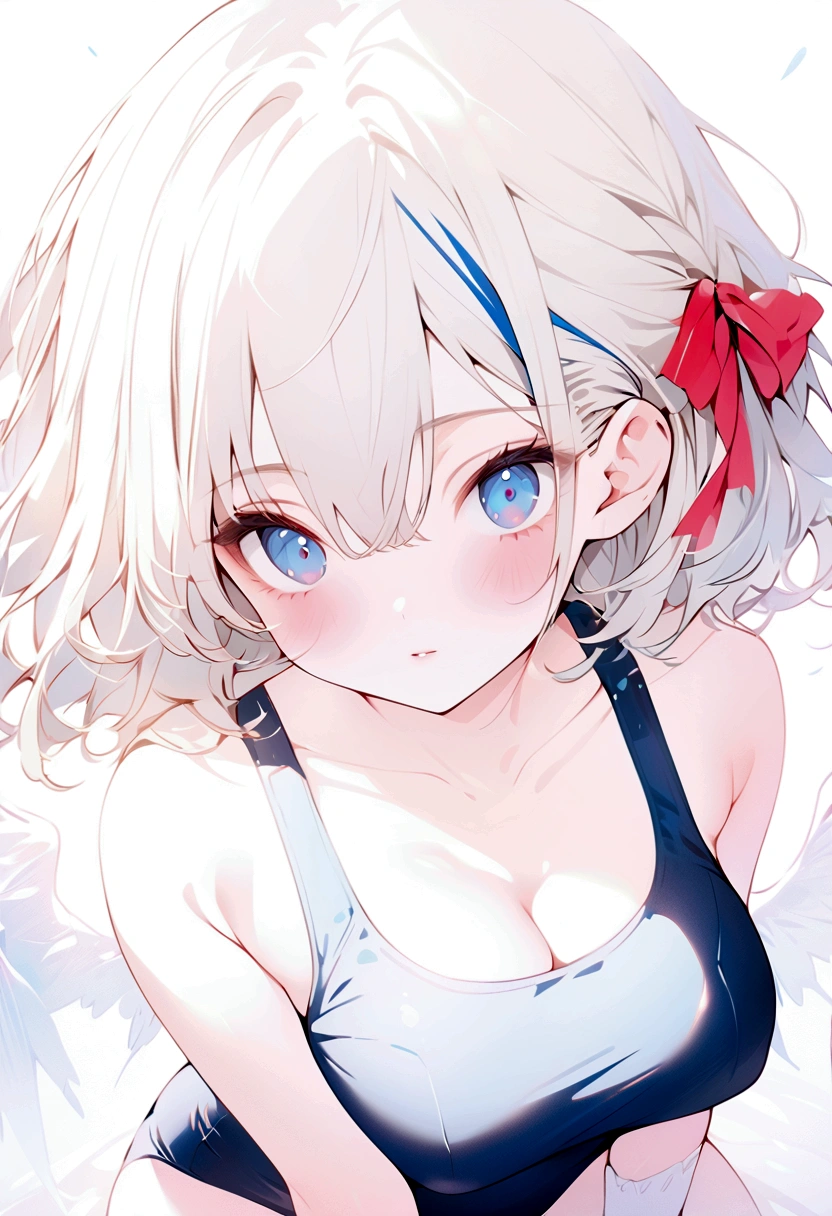 beautiful, masterpiece, highest quality, anime, One girl, C Cup,Portrait Shot, View your viewers, Intricate details,>,((Covered、Short Hair、nearby、Blue Eyes、art、、White hair,Blue streaked hair、wallpaper、ribbon、School swimsuit、White knee socks、Beautiful breasts