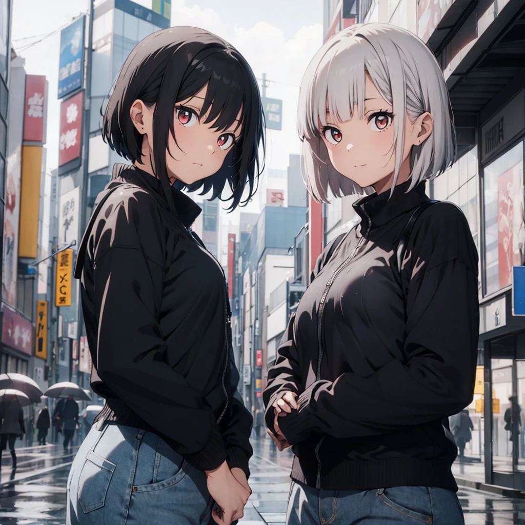 A woman stands in the rain in downtown Tokyo, white bob hair cut, multicolored eyes, pose,