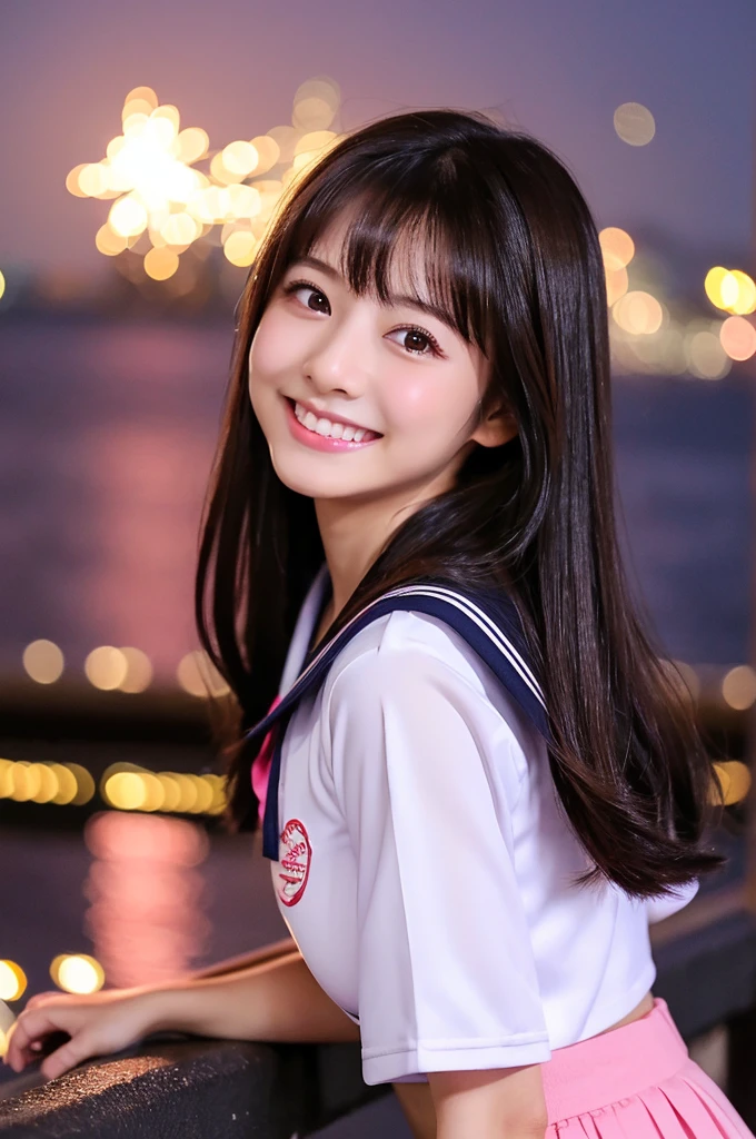 Image resolution 8K、masterpiece:1.3)、cute、1 girl、(魅力的なBody Type:1.2)、abdomen:1.1、Dark brown hairstyle:1.1、(Body Type:1.2)、Ultra-detailed face、Attractive lips、double eyelid、Ultra-realistic and detailed Japanese school girl in a white short-sleeved zippered sailor suit and pink skirt、日本人のcute女の子、10th Generation、　(16 years old)、Night view and large fireworks in the background、Breast Size: 82cm、Smiling with a nice smile、color々Hair style、Hair blowing in the wind、