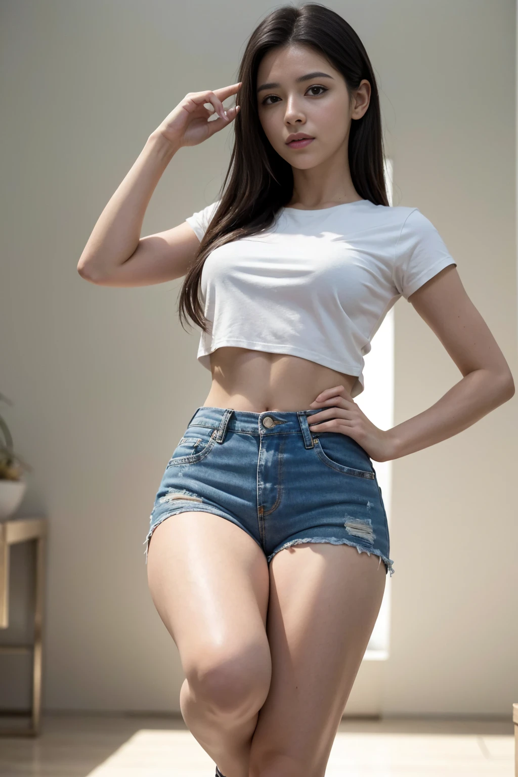 Um mulher linda com cabelo ondulado olhos atraentes , tudo detalhados , Pernas grossas e sensuais , Wearing tiny T-shirt shorts in the beautiful futuristic cyberpunk city , mistborn, molhado, chovendo, obra-prima de melhor qualidade, foto realista, detalhado, 8k, HDR, profundidade de campo rasa, luz ampla, alta contraste, luz de fundo, brilhos de luz, chromatic aberration, sharp focus, foto colorida RAW , tudo muito detalhado,(((Pose jumping from a height)))), Bright, realistic facial expressions, Wearing tight white jeans