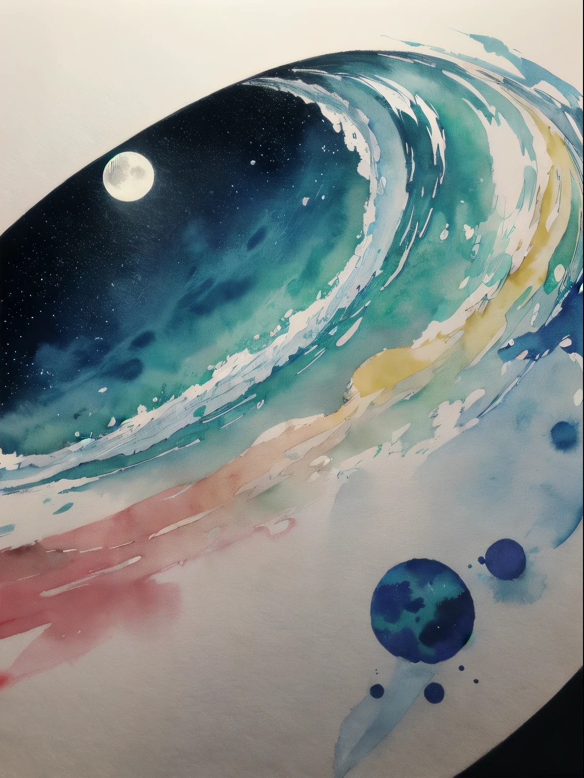 The moon is covered by a thin cloud, And the moonlight shines through the clouds, creating a rainbow-like ring.. The world is filled with a sacred atmosphere.(Ink drawing on Japanese paper, Bleeding easily)(Contemporary art like a picture book) (Transparent watercolor) (Light itself is expressed as reality) (Soft layer, Rich colors) (Water-diluted paint colors) (deep, Delicate colors)