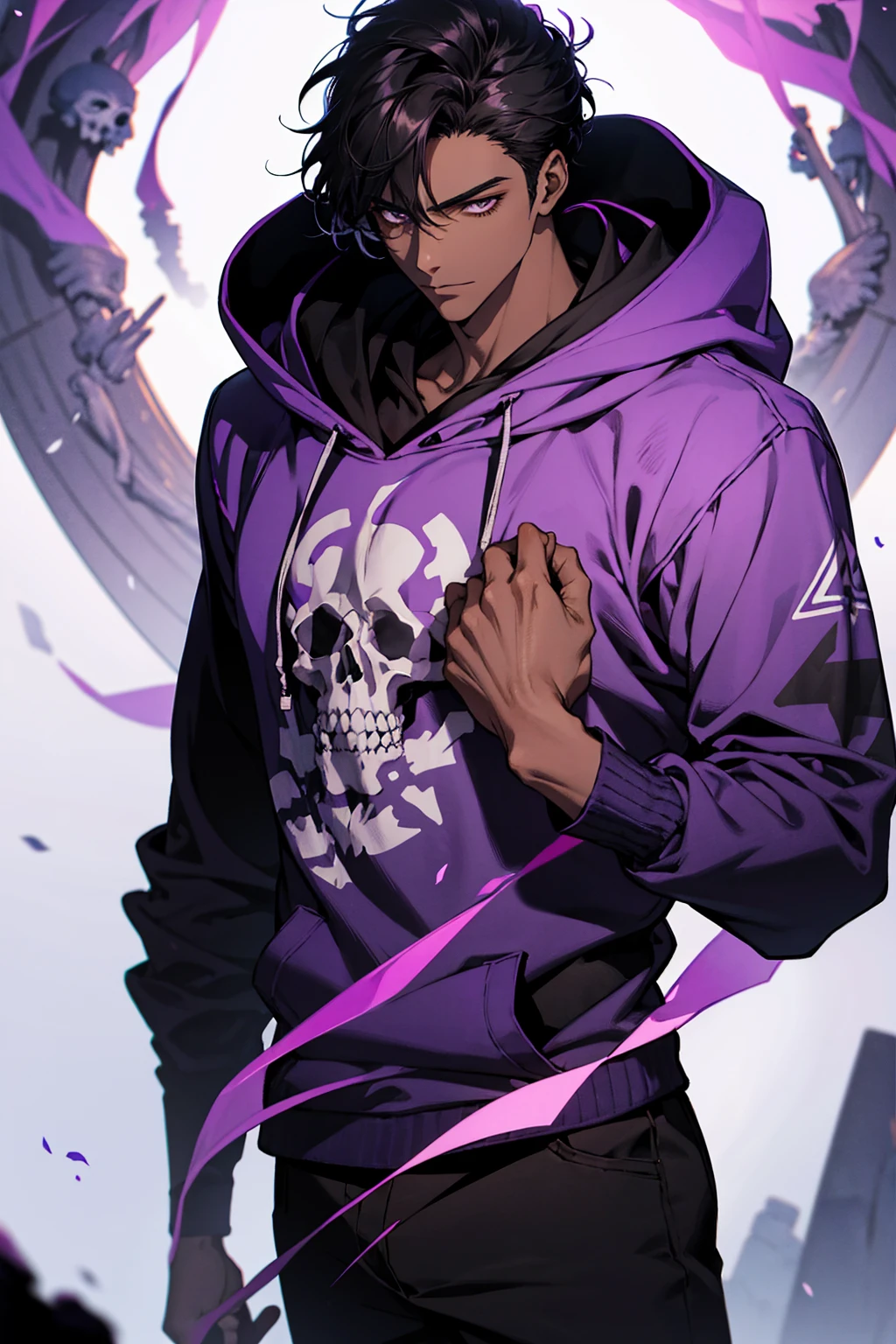 male with bones, looking away from camera, skulls, bones, handsome, black, dark skin, tall, broad shoulders, black hair, purple, purple fire, magic, detailed face, fantasy, hoodie