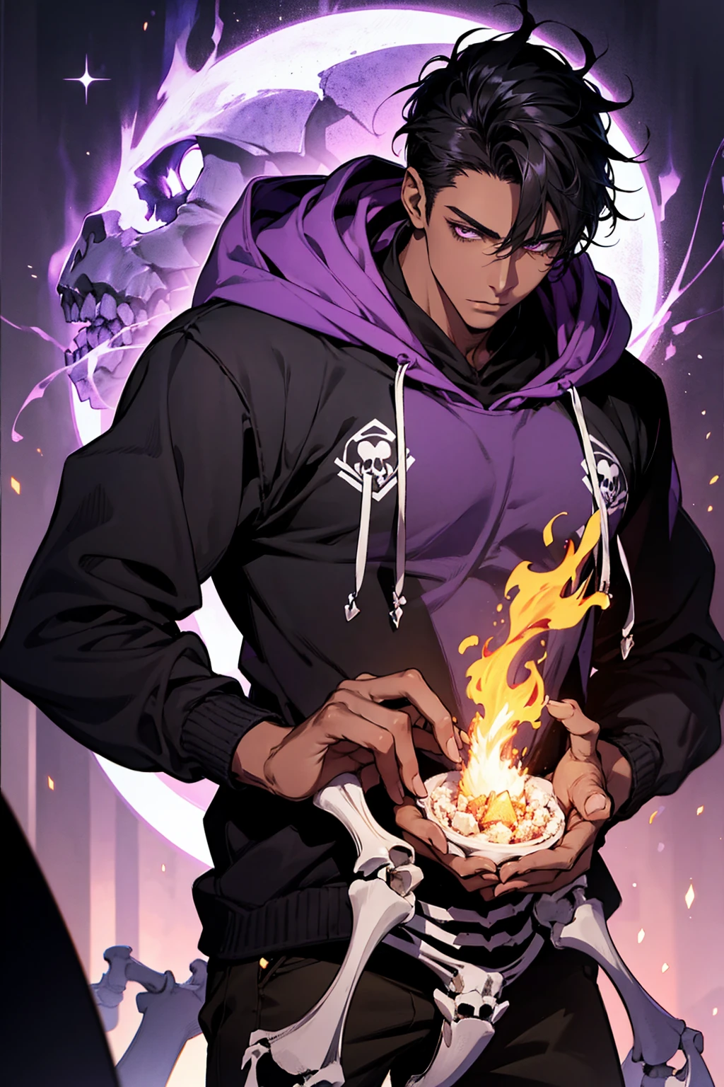 male with bones, looking away from camera, skulls, bones, handsome, black, dark skin, tall, broad shoulders, black hair, purple, purple fire, magic, detailed face, fantasy, hoodie
