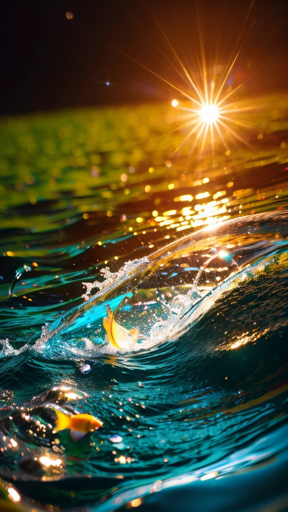 Official Art，8k wallpaper，colorful，Energetic，Details，Photography，Details，real，Summer Dream，Small fish in the stream，Dreamy lighting，The scattered water drops sparkle in the sun，HD，Details，Best quality