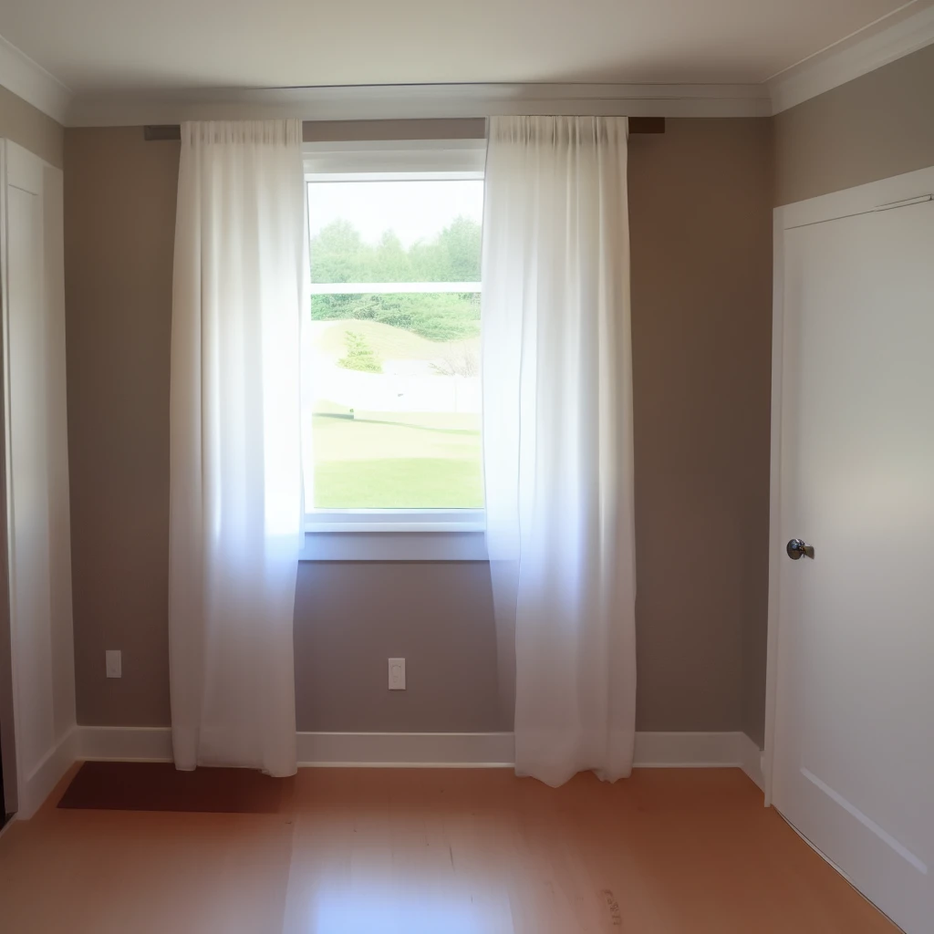 View from inside next to the door. A plain bedroom and next to it a window. Outside the window is white lighting shines. Perfect illumination.