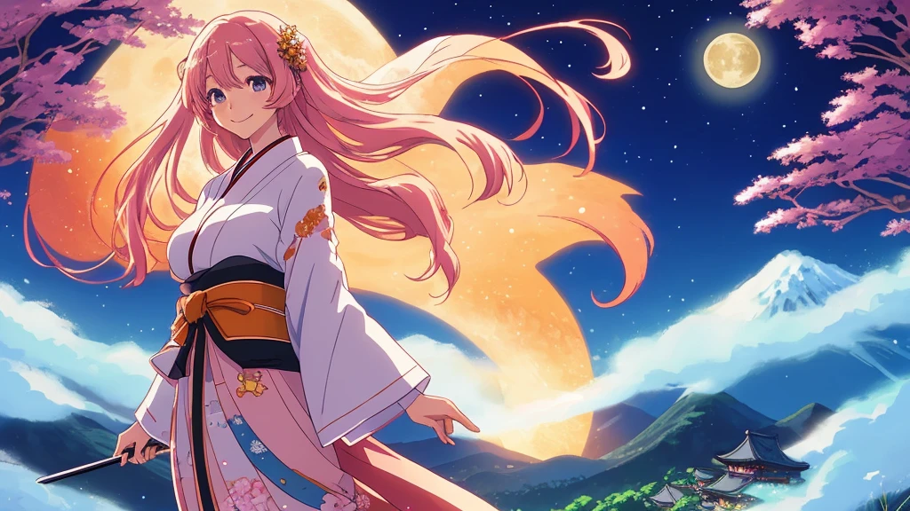 A flawless illustration, an anime-style illustration for Japanese music, a woman standing with a smile, a moonlit night landscape, vast nature