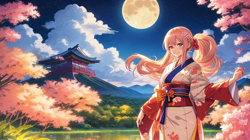 A flawless illustration, an anime-style illustration for Japanese music, a woman standing with a smile, a moonlit night landscape, vast nature