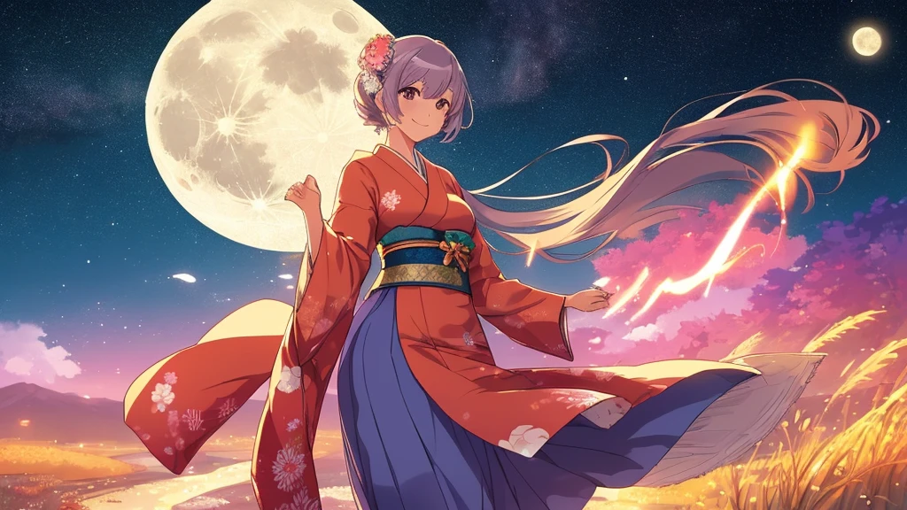 A flawless illustration, an anime-style illustration for Japanese music, a woman standing with a smile, a moonlit night landscape, vast nature