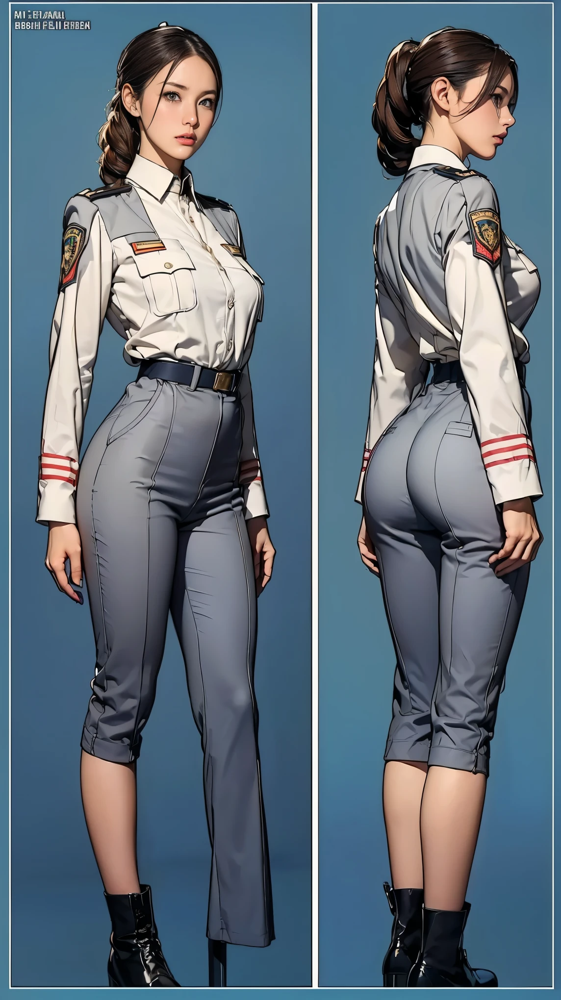 ((masterpiece)),(((highest quality))),((Reference Sheet, Character Design, front, return, ~ ~ ~ side, Mr...々Hairstyle, Mr...々performance, Facial Expressions)), -yeld gi Cute type, (Very slim:1.4), (Very small ass:1.4), Realistic buttocks, (Big Breasts:1.3), Short Bob, Thin thighs, Long legs, It's not a big deal,(A female Earth Federation officer is walking), (Wearing Earth Federation military uniform, Light grey and light blue military uniform),(Worn by federal government employees'White Hat:1.5)