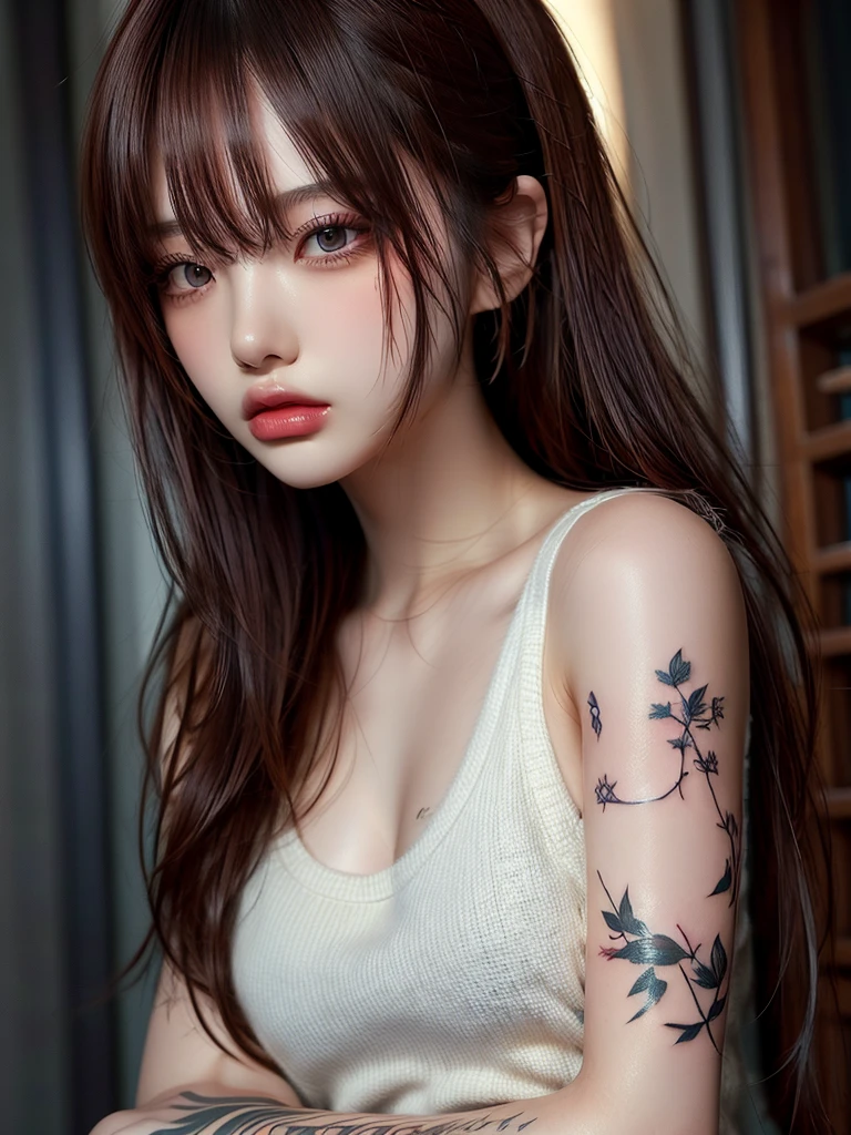 Tattoo Girl, so beautiful, Murderous, Handsome, betrayal, anger, Dark Background, 8k, Dynamic Wallpapers, Very delicate, Very dark white tank top、