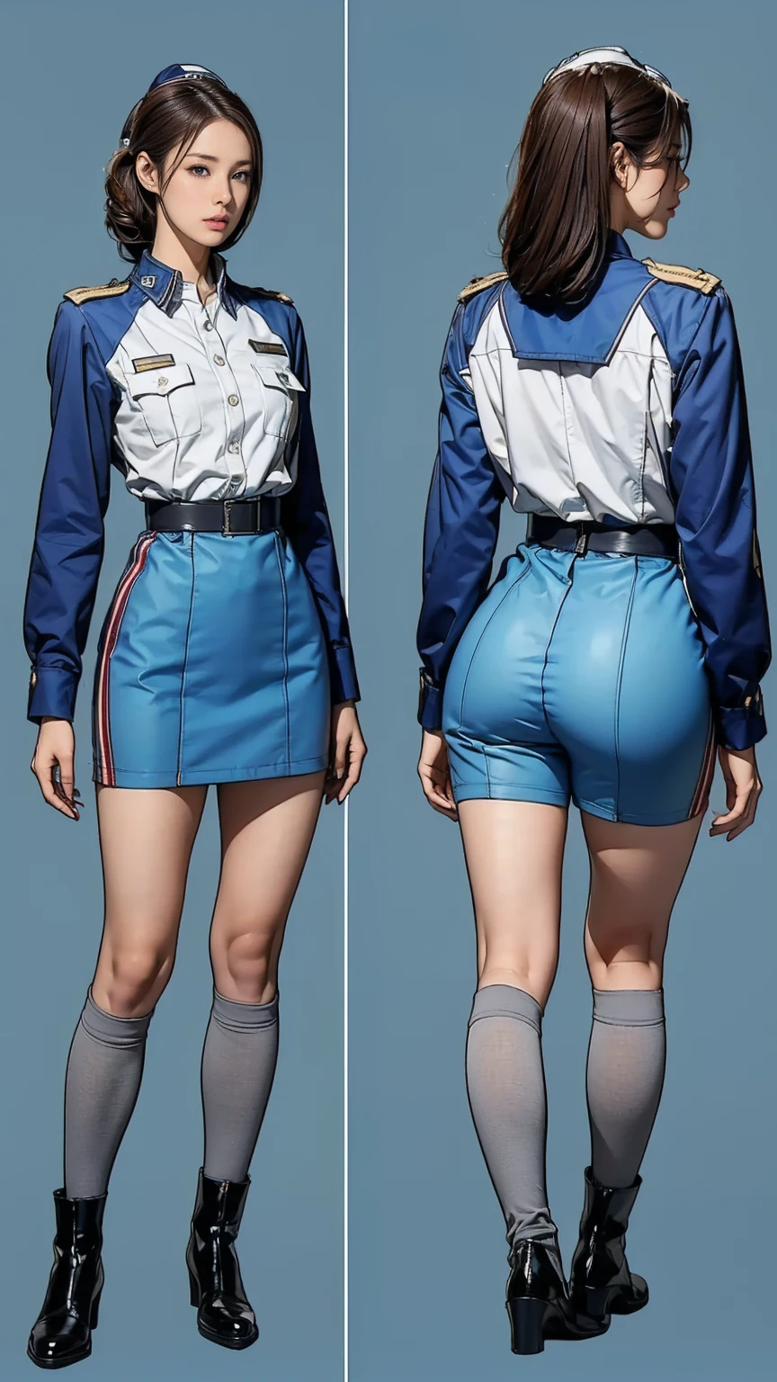 ((masterpiece)),(((highest quality))),((Reference Sheet, Character Design, front, return, ~ ~ ~ side, Mr...々Hairstyle, Mr...々performance, Facial Expressions)), 14-year-old girl, Cute type, (Very slim:1.4), (Very small ass:1.4), Realistic buttocks, (Big Breasts:1.3), Short Bob, Thin thighs, Long legs, It's not a big deal,(A female Earth Federation officer is walking), (Wearing Earth Federation military uniform, Light grey and light blue military uniform),(Worn by federal government employees'White Hat:1.5)