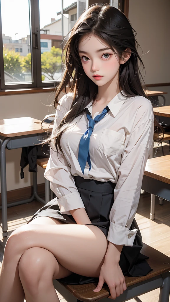 A beautiful high school girl who is half French and half Japanese、Anyway, her face is beautiful、Beautiful blue eye color、Beautiful long, straight, bright blonde hair、Please wear sailor uniforms, which are typical of Japanese school uniforms.。The background is a high school classroom、High school girls are sitting on chairs and in class。She seems to be having fun talking with other high school girls.、I'm watching a beautiful high school girl from behind with other students.、Please show the face in profile。