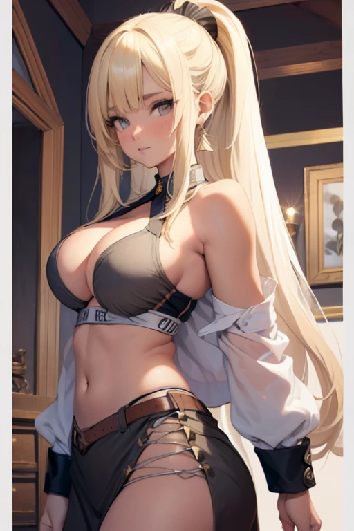 Hermosa chica rubia con pelo largo y ondulado con una coleta. Muy sexy con tetas muy pero que muy grandes, enormes desnuda y solo con una camisa blanca abierta y con un tanga tiro de vaquero. vista frontal. fondo de habitacion