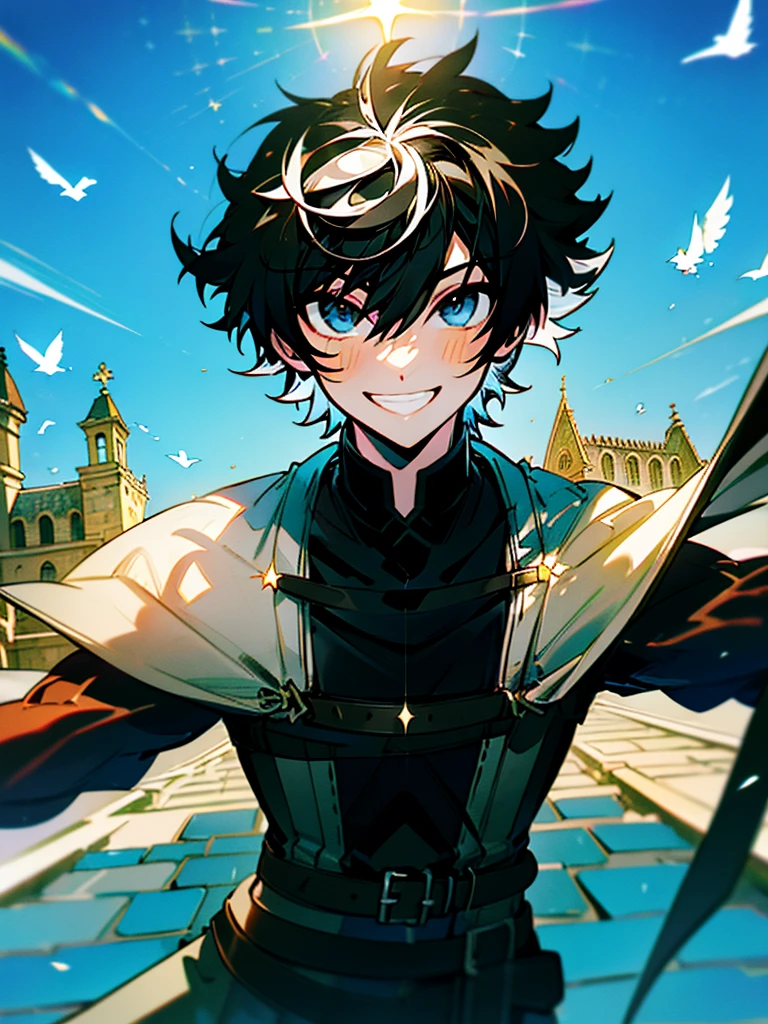 ((absurdres)), hd, uhd, (((HDR))), ((best quality)), (ultra high quality), (hi-res), (cowboy shot), (from above), ((1boy)), charlemagne, black hair, blue eyes, multicolored hair, two-tone hair, ((happy expression)), (smiling), cute, looking at camera, wall, stairs, ((head tilted towards camera)), (dynamic), medieval city, outside, medieval buildings, cobblestone sidewalk, daytime, additional lighting, sunlight on face, noon, bright sun, medieval city scenery, birds, 