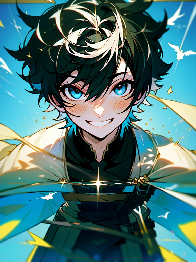 ((absurdres)), hd, uhd, (((HDR))), ((best quality)), (ultra high quality), (hi-res), (cowboy shot), (from above), ((1boy)), charlemagne, black hair, blue eyes, multicolored hair, two-tone hair, ((happy expression)), (smiling), cute, looking at camera, wall, stairs, ((head tilted towards camera)), (dynamic), medieval city, outside, medieval buildings, cobblestone sidewalk, daytime, additional lighting, sunlight on face, noon, bright sun, medieval city scenery, birds, 