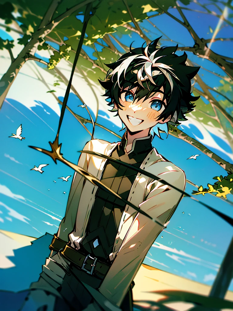 ((absurdres)), hd, uhd, (((HDR))), ((best quality)), (ultra high quality), (hi-res), (cowboy shot), (from above), ((1boy)), charlemagne, black hair, blue eyes, multicolored hair, two-tone hair, ((happy expression)), (smiling), cute, looking at camera, wall, stairs, ((head tilted towards camera)), (dynamic), medieval city, outside, medieval buildings, cobblestone sidewalk, daytime, additional lighting, sunlight on face, noon, bright sun, medieval city scenery, birds,