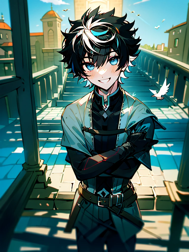 ((absurdres)), hd, uhd, (((HDR))), ((best quality)), (ultra high quality), (hi-res), (cowboy shot), (from above), ((1boy)), charlemagne, black hair, blue eyes, multicolored hair, two-tone hair, ((happy expression)), (smiling), cute, looking at camera, wall, stairs, ((head tilted towards camera)), (dynamic), medieval city, outside, medieval buildings, cobblestone sidewalk, daytime, additional lighting, sunlight on face, noon, bright sun, medieval city scenery, birds, 