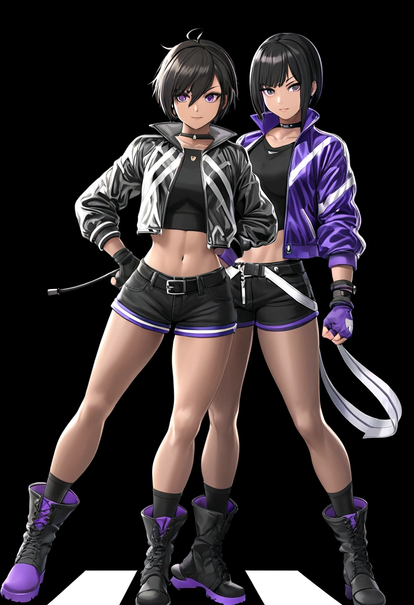 Tomboy girls, Sexy, Smart, Strong, muscular body, Tall Body, Short black hair, purple pupil eyes, black plain chokers, wear jacket, black Crop top, short black jeans, thick long black stocking, High black boots, fingerless black gloves, smile intimidate face, hand on hips, black background, Tekken Art Style, Anime art style.