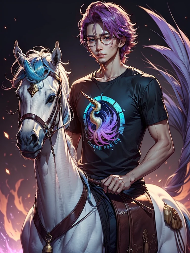 (anime man purple hair punk) (purple round glasses color crystal purple) (riding pure white magical unicorn horse white mane long unicorn Horn) (T-shirt purple Whit happy emoji) (pink aura lenses)
(Neon scar pink)