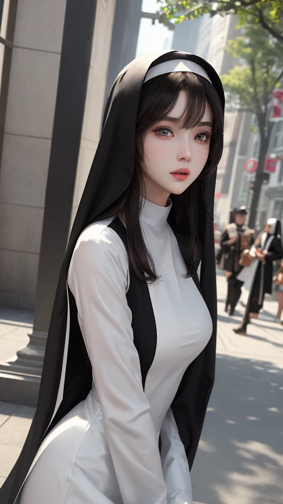 Movie photos。35mm Photo,film,major,4k,Very detailed,((whole body)),Clear face,Pretty face,8K,masterpiece,original photo,Best quality,detail:1.2,Reality,detail,Very detailedED,CG,Unite,wallpaper,Depth of Field,illumination,lens flare,Ray Tracing,(Very beautiful face,Beautiful lips,beautiful eyes),complex,Detailed face,1 Girl,(very slim body:1.3),nun,Black