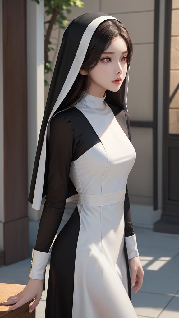 Movie photos。35mm Photo，film，major，4k，Very detailed，（（whole body）），Clear face，Pretty face，8K，masterpiece，original photo，Best quality，detail:1.2，Reality，detail，Very detailedED，CG，Unite，wallpaper，Depth of Field，illumination，lens flare，Ray Tracing，（Very beautiful face，Beautiful lips，beautiful eyes），complex，Detailed face，1 Girl，（very slim body:1.3），nun，Black