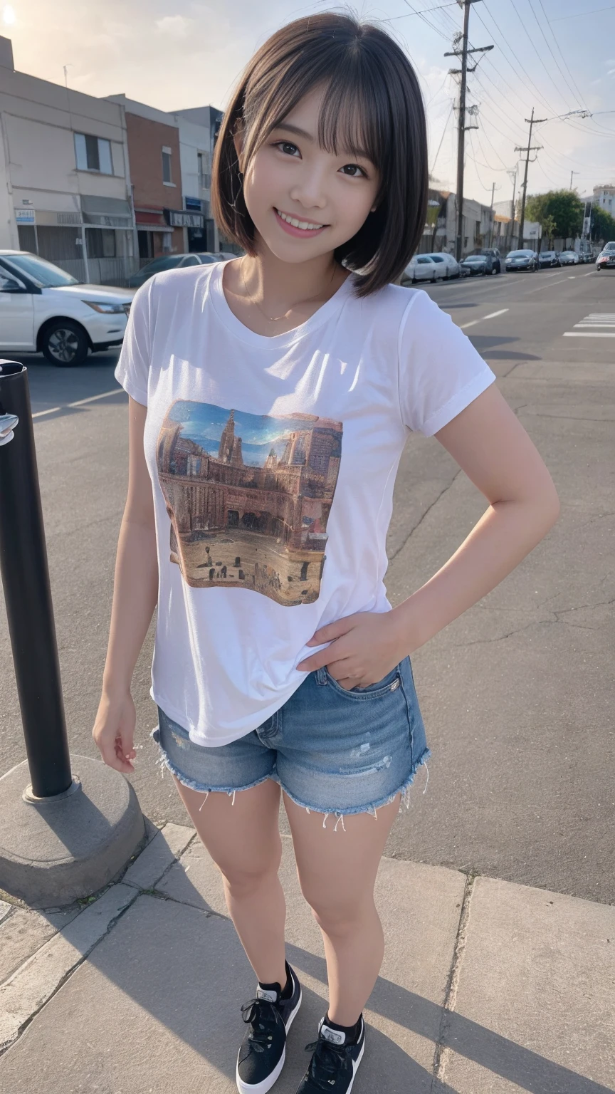 8k,((highest quality)),Very detailed,((masterpiece)),Realistic, masterpiece, highest quality, (Reality: 1.4), オリジナルphotograph, 35mm lens, Aperture f1.4, Movie Posters, Light and shadow, girl,Real Skin, (Skin Details: 1.3),Corrects your fingers into a beautiful shape,Two beautiful arms,Real fingers with attention to detail,High quality skin,photograph,short hair,Age 25,((Big, wide eyes)),Voluptuous body,((Full Body Shot:1.3)),Ultra-high resolution,((Realistic: 1.4)), RAWphotograph,Beautiful colors,Backlight,Bright lighting,(Bright smile:1.5),One Woman,T-Shirts,Shorts,snap shot,Portrait,station