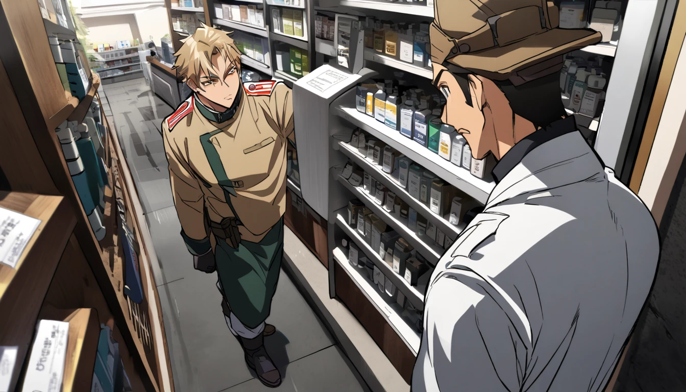 anime male, Hombre, medic, soldado, Very light brown hair, ojos grises, grave, Elegante, inside a medical store