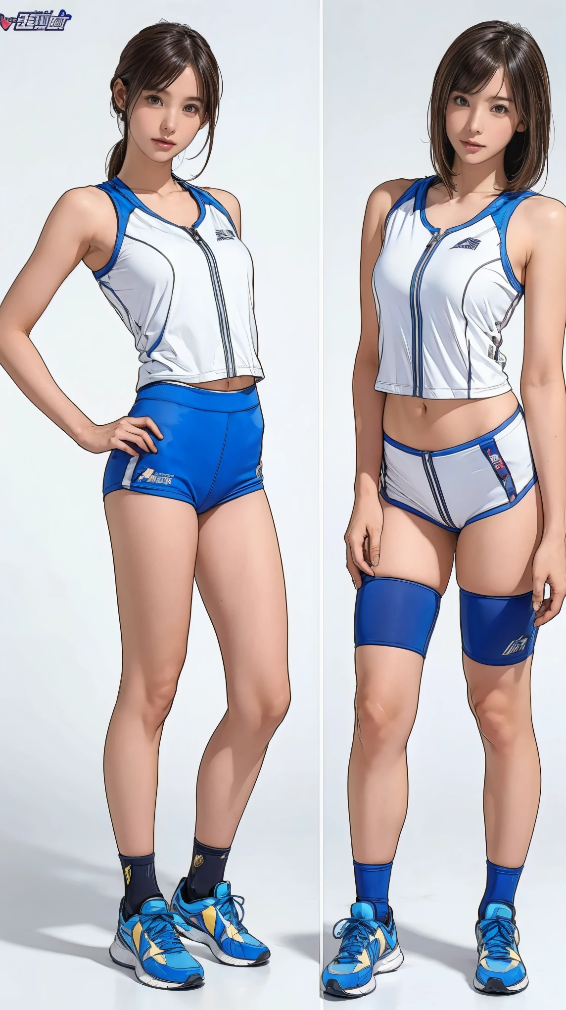 ((masterpiece)),(((highest quality))),((Character design sheet)),Thin thighs,Long legs,It's not a big deal ,Wearing a marathon uniform and marathon shoes