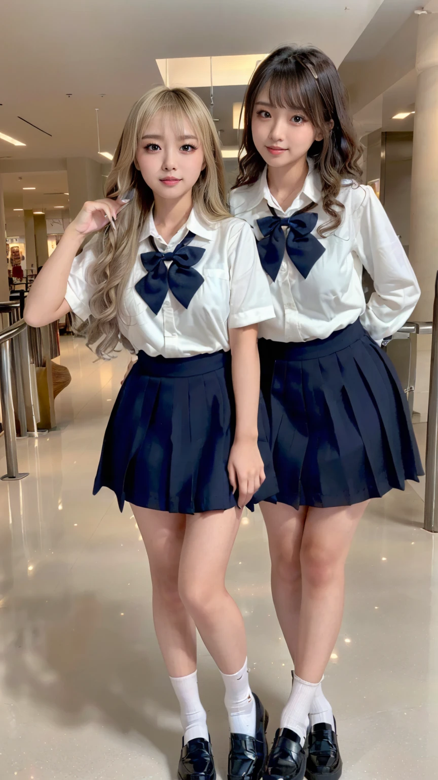 (scene; (2 people:1.8)), Gal, (女子高校生2 people), (Shopping mall, Shopping Street, street, Outdoor), (こちらを向いてAre standing, Full body portrait, Photograph the whole body, Full-body image, Are standing, With legs spread, Doing sexy poses), (Thin thighs, Long, slender limbs, Small waist), ((Highly detailed skin), Beautiful realistic face, White skin, Pointed Chest, Perfect Anatomy, Realistic eyes, Natural Eyes, Brown Eyes, Accurate eye focus, Accurate limbs), (Hyper Realist, Ultra-realistic, 4k, Attention to detail, Ultra-high resolution, highest quality, masterpiece, Presence, dynamic, Uplifting, bold, Sharpness), (Huge breasts:1.5, Cleavage:1.5), (Blonde long hair:1.5, Wavy long hair:1.5, Curly Hair:1.5), (sleek bangs), (Twin tail hair), (White collared shirt, Pleated mini skirt, Navy colored socks, Black loafers, Ribbon tie), High school girl in uniform, Surreal high school girl, tall, High school girls in uniform, smile, Cleavageを強調, Sexy panties are visible, (Are standing女子高校生が2 people:1.8),