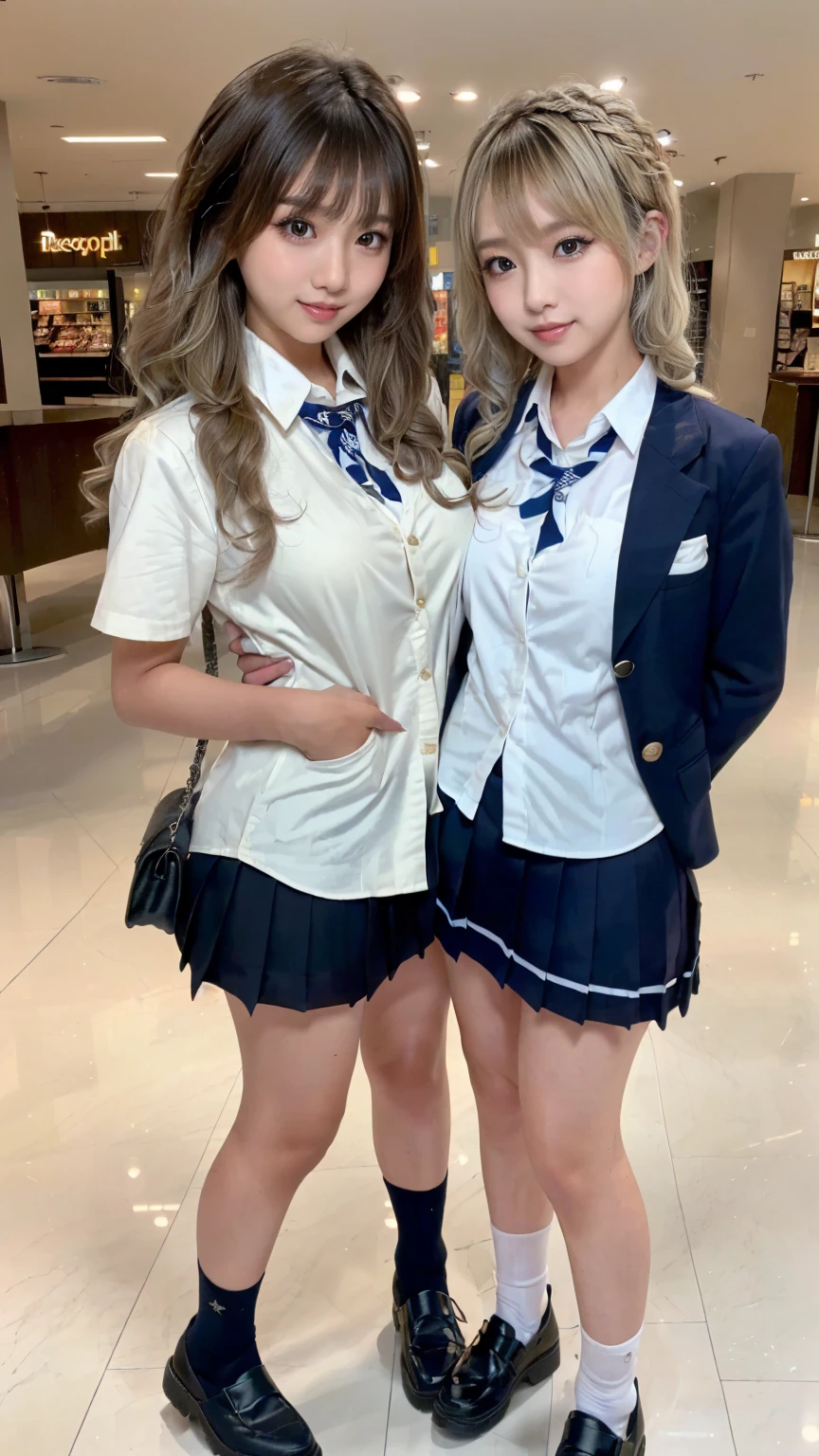 (scene; (2 people:1.8)), Gal, (女子高校生2 people), (Shopping mall, Shopping Street, street, Outdoor), (こちらを向いてAre standing, Full body portrait, Photograph the whole body, Full-body image, Are standing, With legs spread, Doing sexy poses), (Thin thighs, Long, slender limbs, Small waist), ((Highly detailed skin), Beautiful realistic face, White skin, Pointed Chest, Perfect Anatomy, Realistic eyes, Natural Eyes, Brown Eyes, Accurate eye focus, Accurate limbs), (Hyper Realist, Ultra-realistic, 4k, Attention to detail, Ultra-high resolution, highest quality, masterpiece, Presence, dynamic, Uplifting, bold, Sharpness), (Huge breasts:1.5, Cleavage:1.5), (Blonde long hair:1.5, Wavy long hair:1.5, Curly Hair:1.5), (sleek bangs), (Twin tail hair), (White collared shirt, Pleated mini skirt, Navy colored socks, Black loafers, Ribbon tie), High school girl in uniform, Surreal high school girl, tall, High school girls in uniform, smile, Cleavageを強調, Sexy panties are visible, (Are standing女子高校生が2 people:1.8),