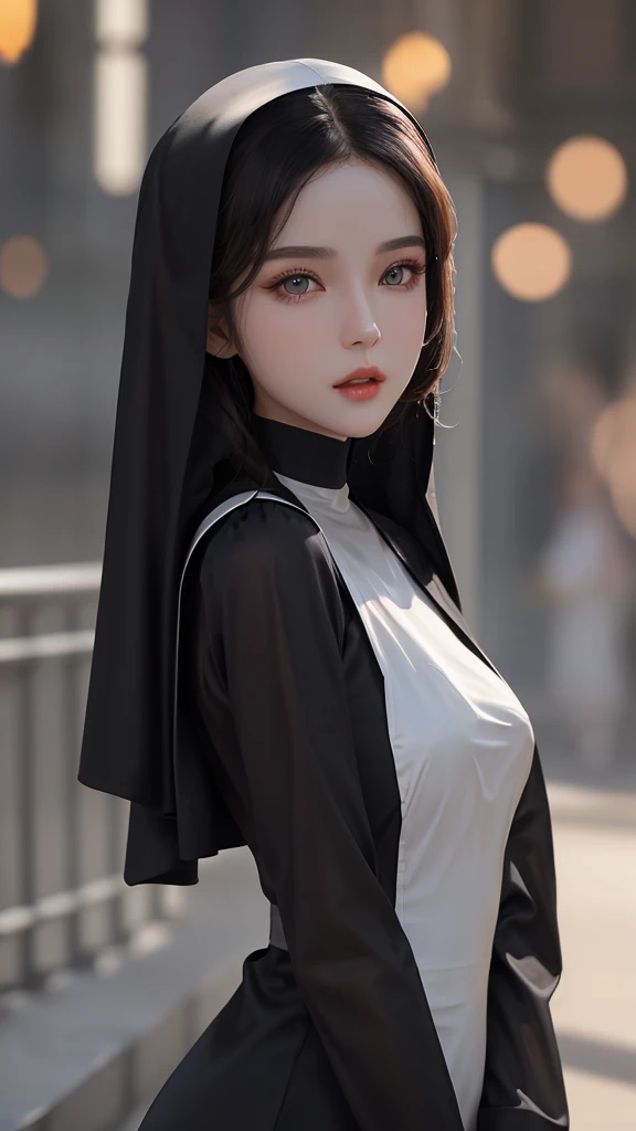 Movie photos。35mm Photo,film,major,4k,Very detailed,((whole body)),Clear face,Pretty face,8K,masterpiece,original photo,Best quality,detail:1.2,Reality,detail,Very detailedED,CG,Unite,wallpaper,Depth of Field,illumination,lens flare,Ray Tracing,(Very beautiful face,Beautiful lips,beautiful eyes),complex,Detailed face,1 Girl,(very slim body:1.3),nun,Black Silk