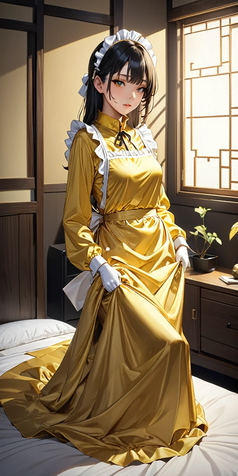 (masterpiece,highest quality,超A high resolution),Japanese women, (((Very beautiful 25 year old girl))),(Slim yellow satin maid outfit)、((Yellow satin long skirt that fits snugly))、(Yellow satin long sleeve shirt)、Yellow satin long gloves、Yellow satin apron、The clothes fit snugly to the body、Satin has a very high shine.、Dark Room