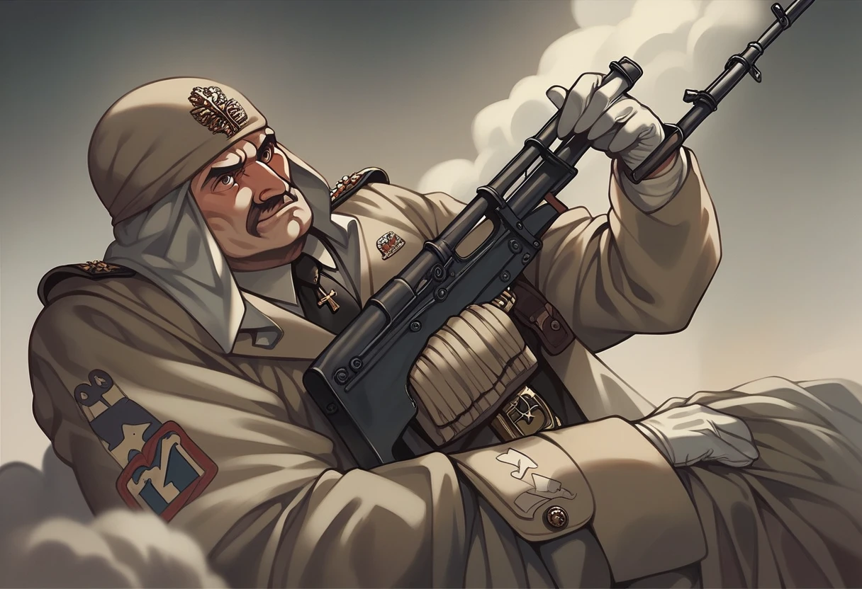 (Religious people holding rifles, World War II battlefield, Pope's coat of arms),painting,Extremely detailed,Practical,Bright colors,Dramatic Lighting,Serious expression,Soldier,Thick smoke,fortifications,explode,喊口号的Soldier,muddy ground,Sunlight shines through the clouds,Church silhouette,Cross necklace,War-torn landscape,Camouflage net,accuracy,Emotional,Commemorative artwork.
