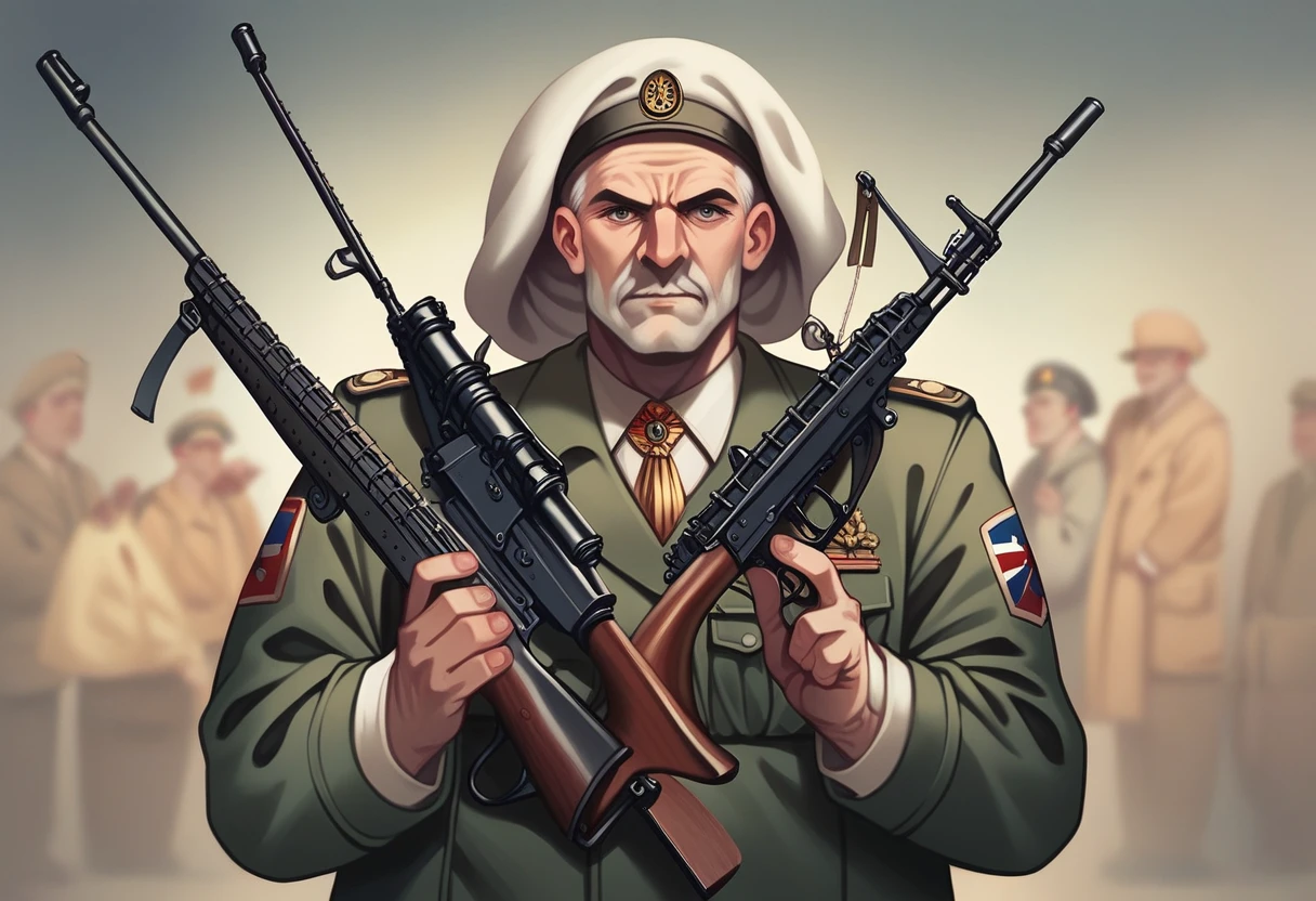(Religious people holding rifles, World War II battlefield, Pope's coat of arms),painting,Extremely detailed,Practical,Bright colors,Dramatic Lighting,Serious expression,Soldier,Thick smoke,fortifications,explode,喊口号的Soldier,muddy ground,Sunlight shines through the clouds,Church silhouette,Cross necklace,War-torn landscape,Camouflage net,accuracy,Emotional,Commemorative artwork.