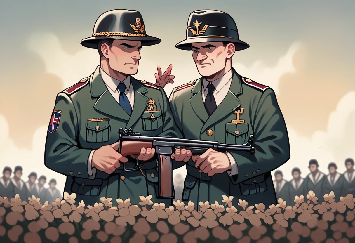 (Religious people holding rifles, World War II battlefield, Pope&#39;s coat of arms),painting,Extremely detailed,Practical,Bright colors,Dramatic Lighting,Serious expression,Soldier,Thick smoke,fortifications,explode,喊口号的Soldier,muddy ground,Sunlight shines through the clouds,Church silhouette,Cross necklace,War-torn landscape,Camouflage net,accuracy,Emotional,Commemorative artwork.