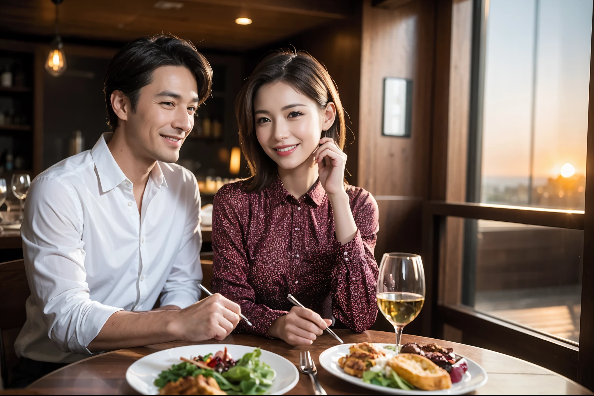 ((highest quality、8k、masterpiece:1.3))、 (Genuineistic, Genuine、Bright image、Intricate details:1.2), 最高のsmile 男性1人 女性1人、Beautiful Couple、spouse、Couple、spouse、actress、モデルCouple、smile、full-course dinner、 (Slim face), (the body is slim), (Brown Hair), (short hair), テーブルの上のwine glass、Please shine a light on my face、 Amazing view of the sunset sky and clouds、 (42 years old), 39 years old, red wine 、Appetizers、Wine bottle、sparkling wine、Long sleeve shirt、dress、White wine, red wine, wine glass,