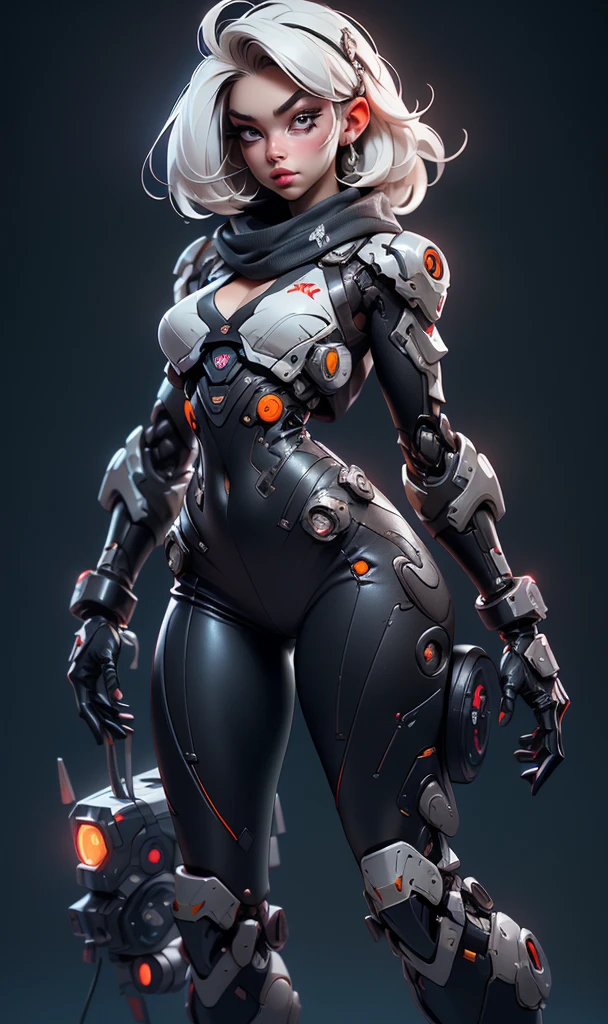 ((full body concept art, simple background)), ((Best Quality, best resolution, award-winning portrait, official art)), ((perfect Masterpiece)). Young beautiful girl, (detailed: 1.4), (Absurd), mature woman, beautiful face, perfect body, bare thighs, long legs, cyberpunk post apocalyptic colors. She has (short white hair), wears a (Harajuku-inspired cyberpunk tech-wear bottom:1.2) , jacket, ((the most beautiful and sexy aesthetic)), sexy, cleavage showing, hot, sexy, seductive posture, mecha arm, tech suit,black jeans that fit her body and a skin tight black T-shirt, Hightech scarf, cloak, stylish, glowing trims,digital art, black robot joints, very stylish, award-winning product design, (wearing smooth organic tech armor), (long shapeless hair), big breasts, revealing clothes, ((dynamic pose)), (Depth-of-field), Maximum clarity and sharpness, Octane Render, (Cinematic lighting), shiny glossy skin, tight full body suit, Wearing latex, shiny and metallic, Glowing cybernetic joint details, Glossy,Cloak, exoskeleton,