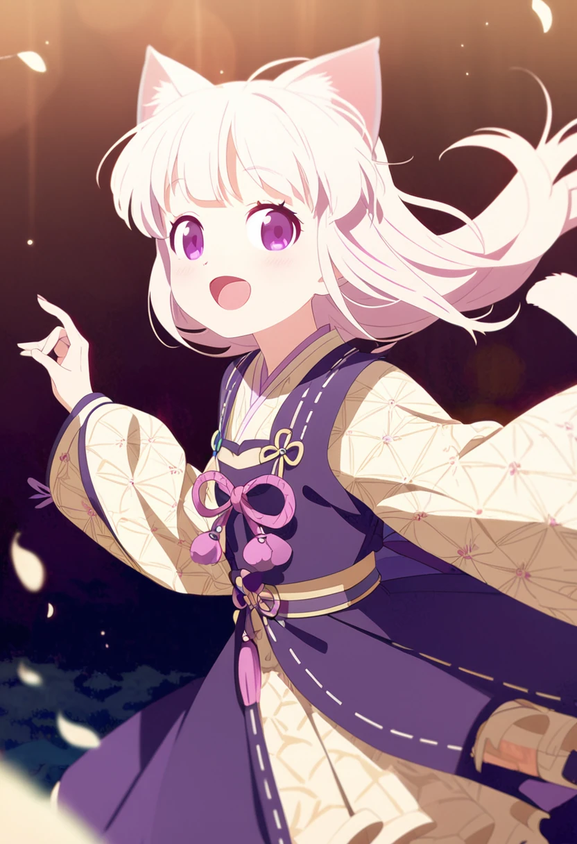 A litte cat girl, beautiful detailed purple eyes, cream colored hair, japanese , con una moc pattern, smiling, 1girl, 8k, vivid colors, natural lighting, cinematic, fantasy, digital painting, intricate details, elegant, graceful