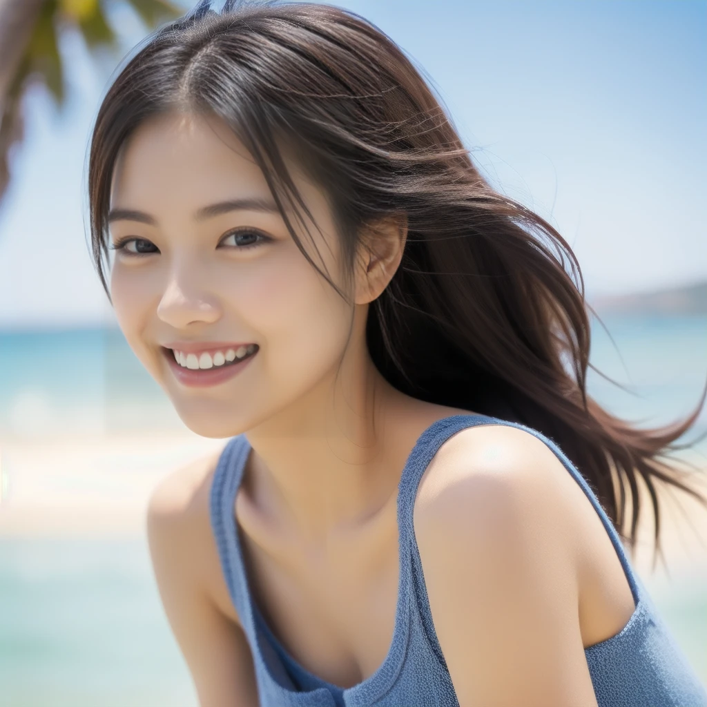 The face of a hostess、Sleeveless knit、High quality、Ultra-realistic、fine、Smiling face、Slim perfect figure、Japanese beauty、 Perfect Eyes、Radiant Skin、Upper body、Beach background
