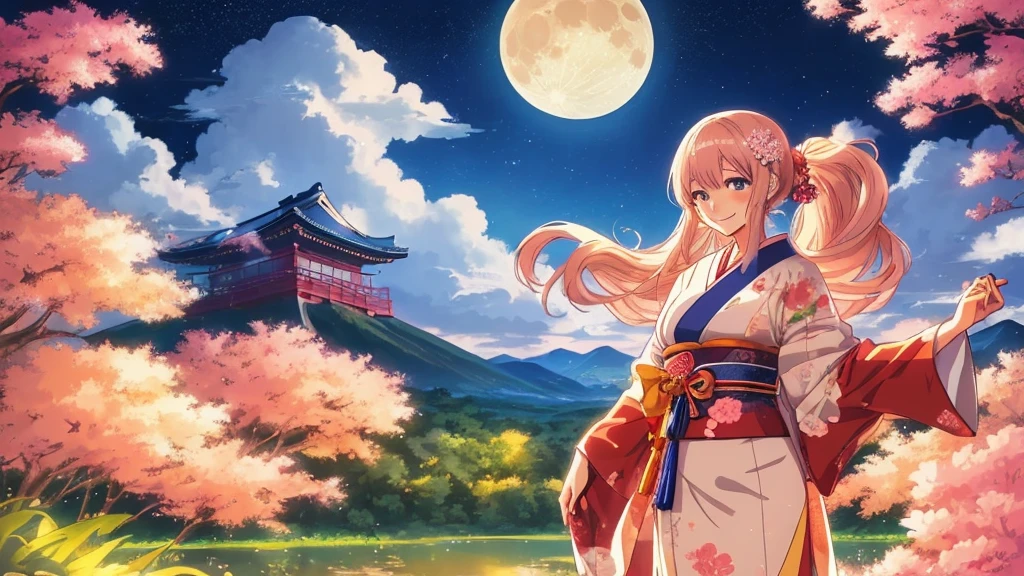 A flawless illustration, an anime-style illustration for Japanese music, a woman standing with a smile, a moonlit night landscape, vast nature