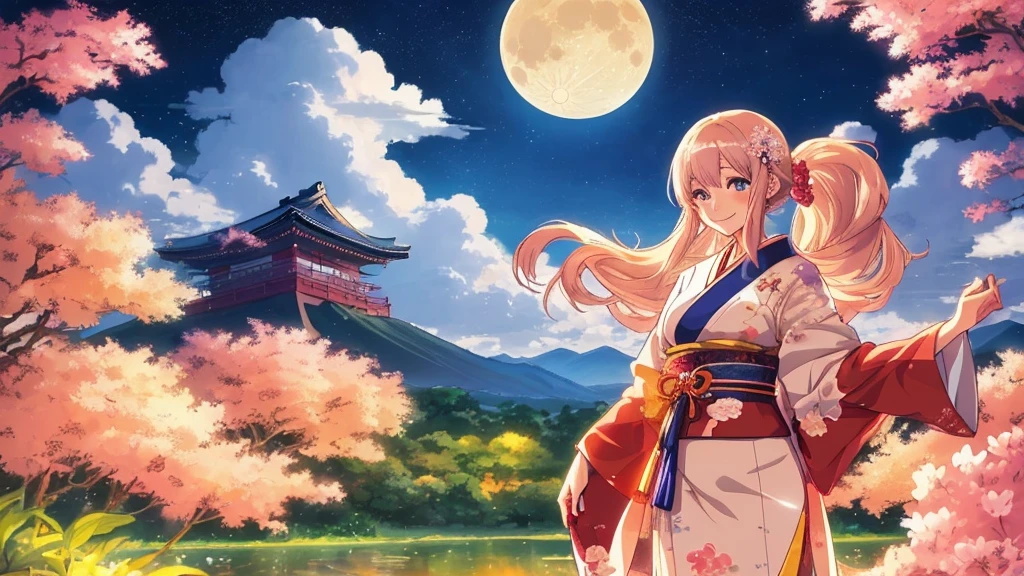 A flawless illustration, an anime-style illustration for Japanese music, a woman standing with a smile, a moonlit night landscape, vast nature