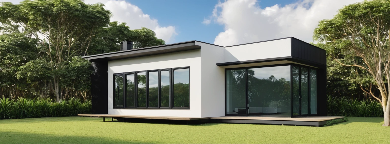 exterior house, contemporary style, colobond cladding wall, wood wall, wood door, aluminium black window frame, glass window, (realistic:1.2), Masterpiece, high quality, best quality, authentic, super detail, outdoors, grass, trees, sky, cloud, (daylight:1.1)