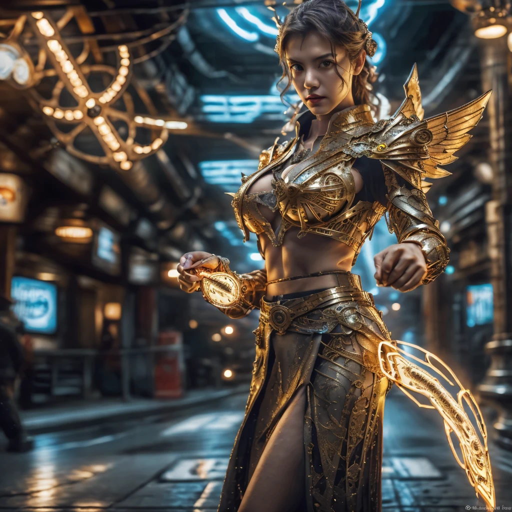 realista, ((obra de arte)), ((melhor qualidade)), (detalhado), cinematographic, dynamic lightning, detalhado background, fotografia,beautiful Korean girl, red eyes, sharp looking,wearing kebaya,showing very big breasts, wearing a mini skirt , with big wings(gold), facing forward, underground dispersal, realista hair,, brilhante,