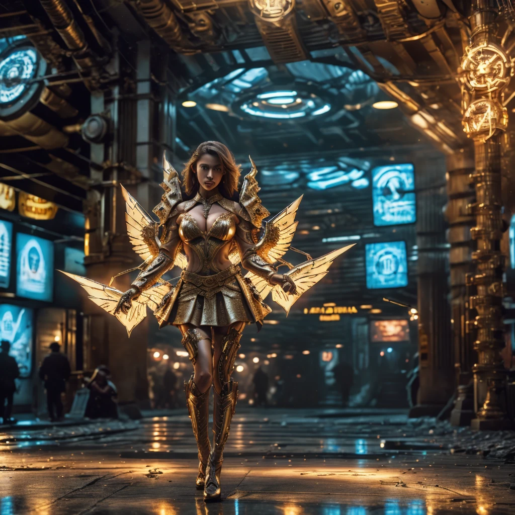 realista, ((obra de arte)), ((melhor qualidade)), (detalhado), cinematographic, dynamic lightning, detalhado background, fotografia,beautiful Korean girl, red eyes, sharp looking,wearing kebaya,showing very big breasts, wearing a mini skirt , with big wings(gold), facing forward, underground dispersal, realista hair,, brilhante,