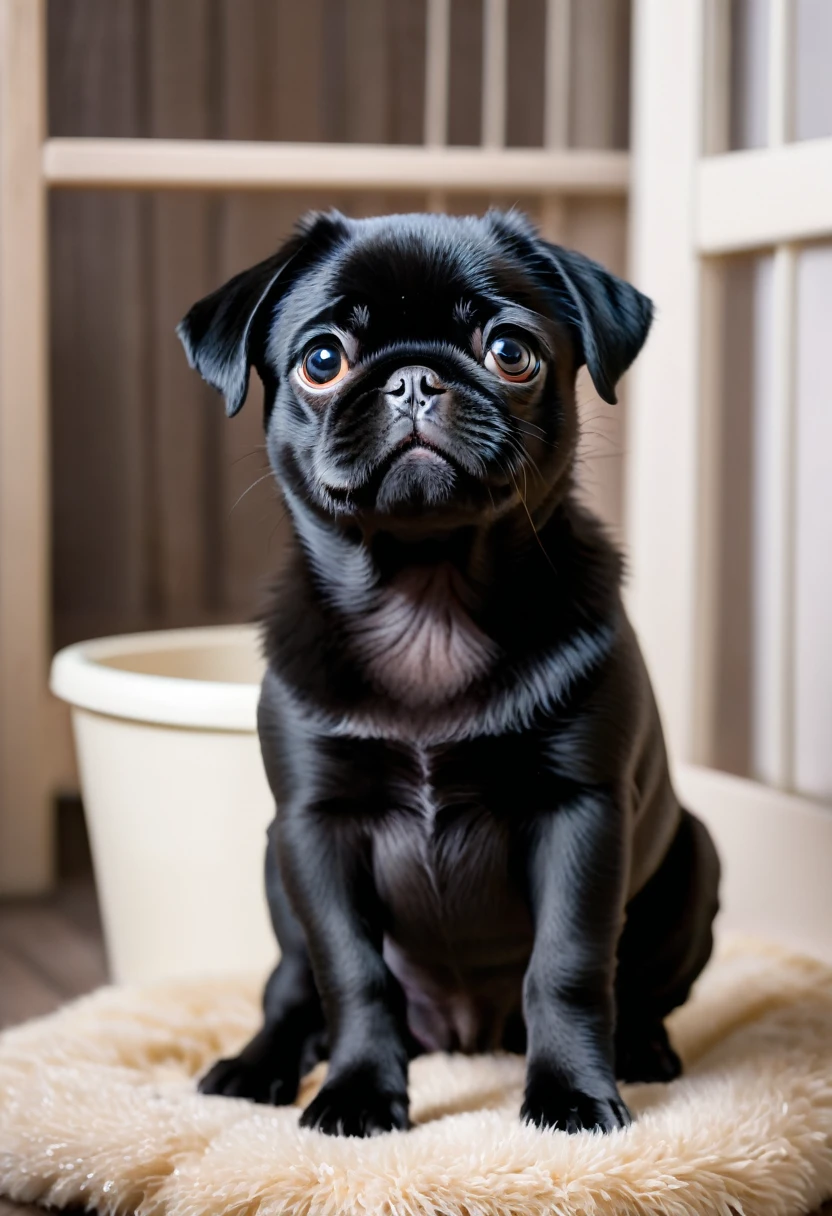 A black-coated pug puppy、(((Frightened face:1.3)))、(Black hair only:1.3)、(No clothes:1.3)、pet Shop、(No collar)