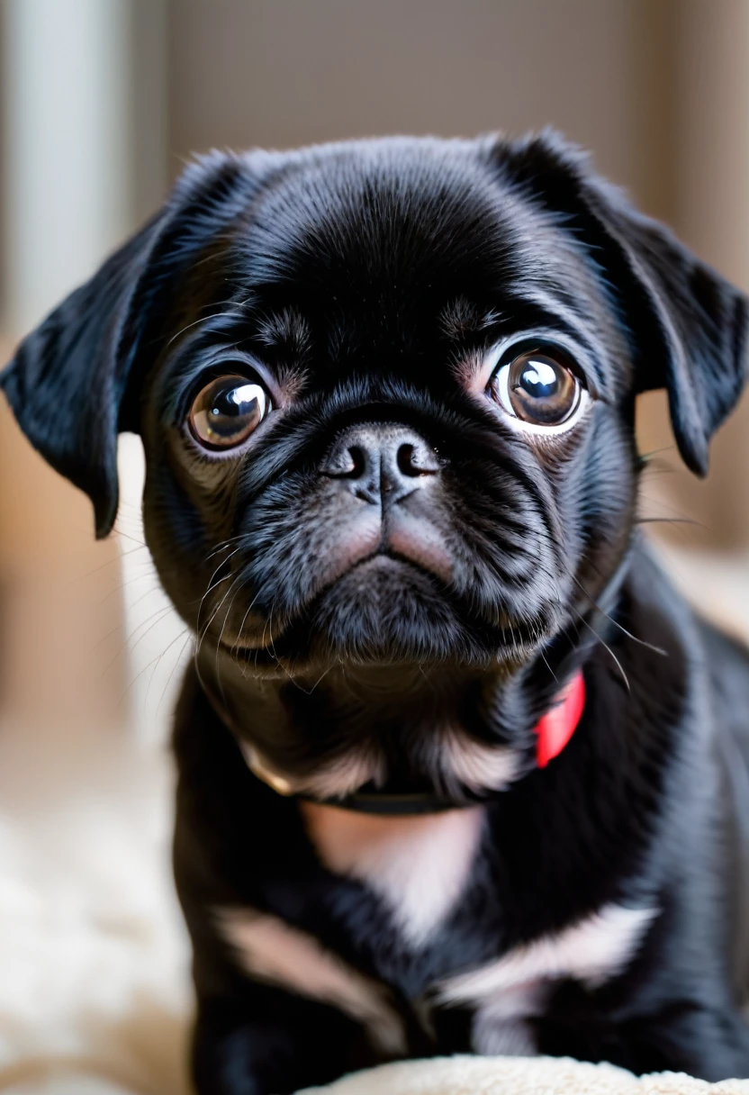 A black-coated pug puppy、(((Frightened face:1.3)))、(Black hair only:1.3)、(No clothes:1.3)、pet Shop、(No collar)